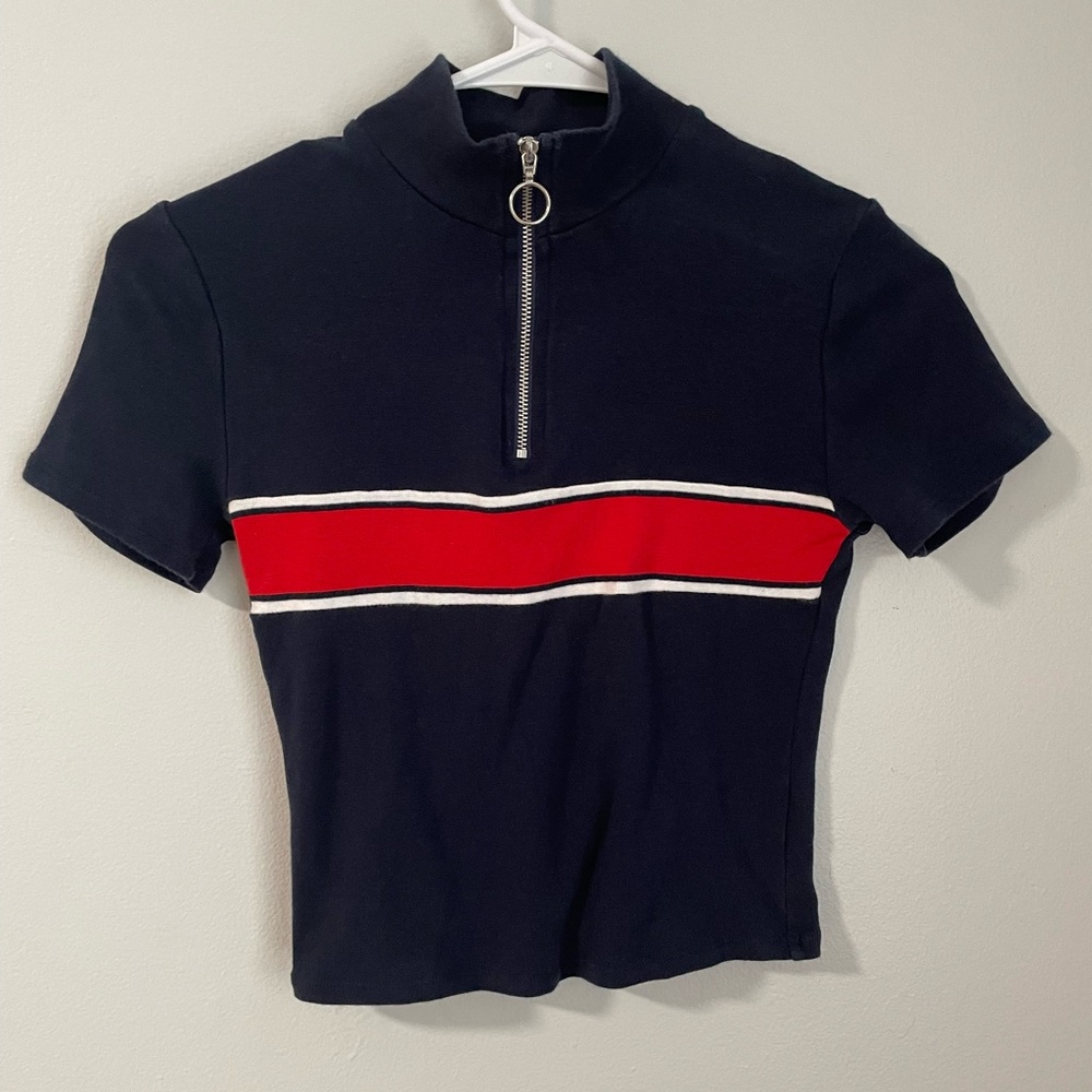 Garage Navy Blue Zip-Collar Crop Top